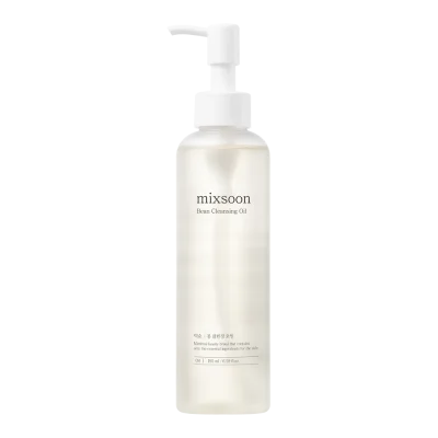 Bočica Mixsoon Bean Cleansing Oil-a, proizvoda iz korejske kozmetike, s prozirnim dizajnom i bijelim dozatorom pumpice, poznata kao dio linije Divote Cosmetics.