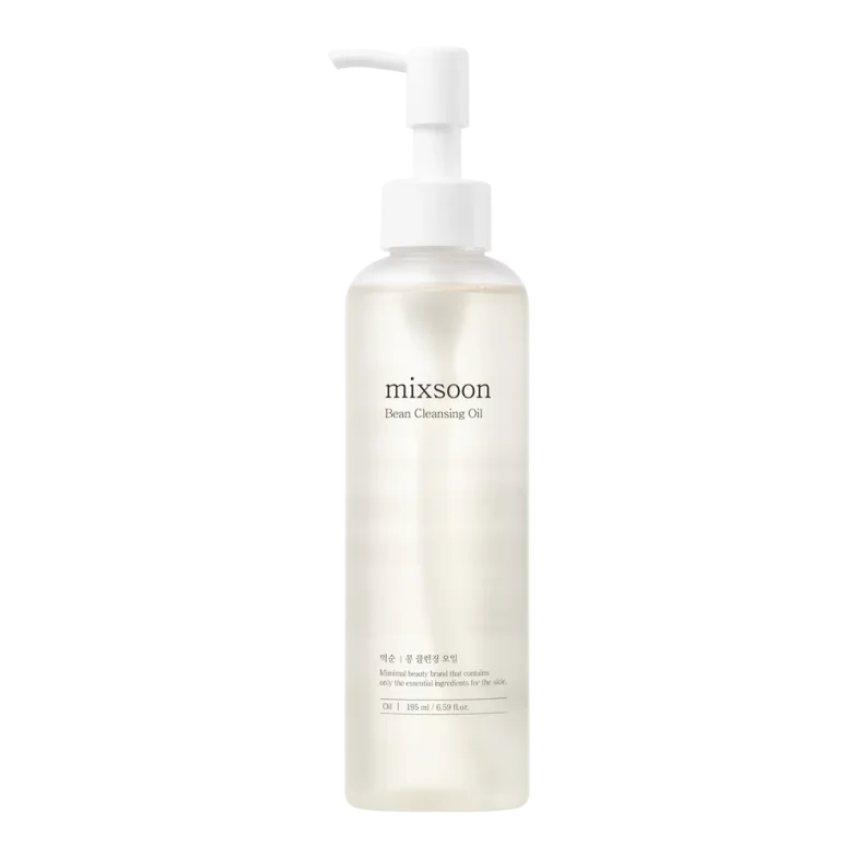 Bočica Mixsoon Bean Cleansing Oil-a, proizvoda iz korejske kozmetike, s prozirnim dizajnom i bijelim dozatorom pumpice, poznata kao dio linije Divote Cosmetics.