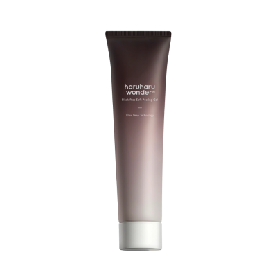 Cijev proizvoda Divote Cosmetics korejske kozmetike s oznakom 'haruharu wonder' i 'Black Rice Soft Peeling Gel'.