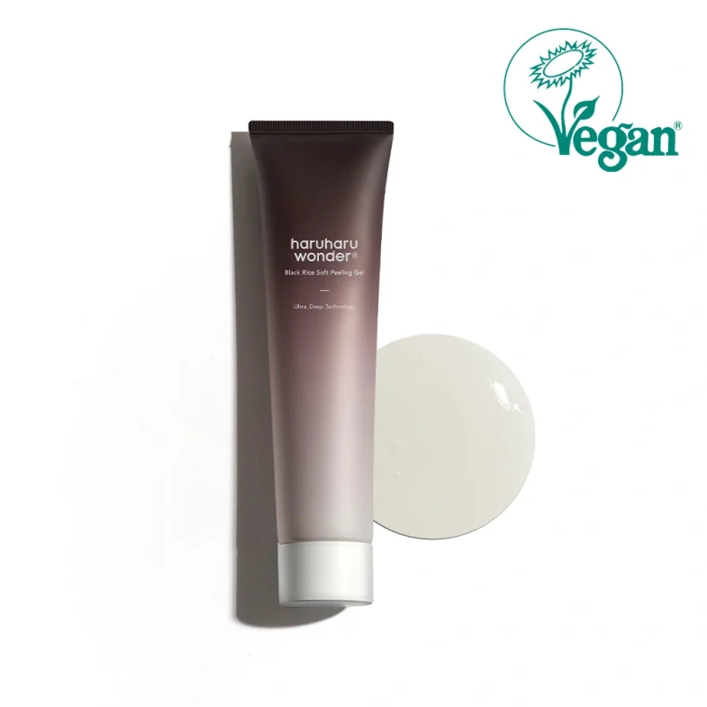 Cijev Haruharu Wonder Black Rice Soft Peeling Gel iz korejske kozmetike, sa znakom 'Vegan' u kutu, dostupno u Divote Cosmetics.