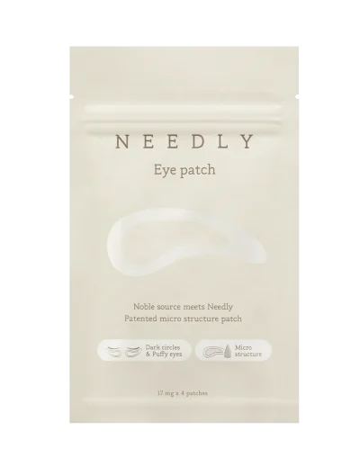 Pakiranje Needly Eye Patch s oznakama koje naglašavaju korejske kozmetičke inovacije 'divote cosmetics'; dizajnirano za smanjenje tamnih podočnjaka i natečenosti oko očiju pomoću patentirane mikrostrukture.