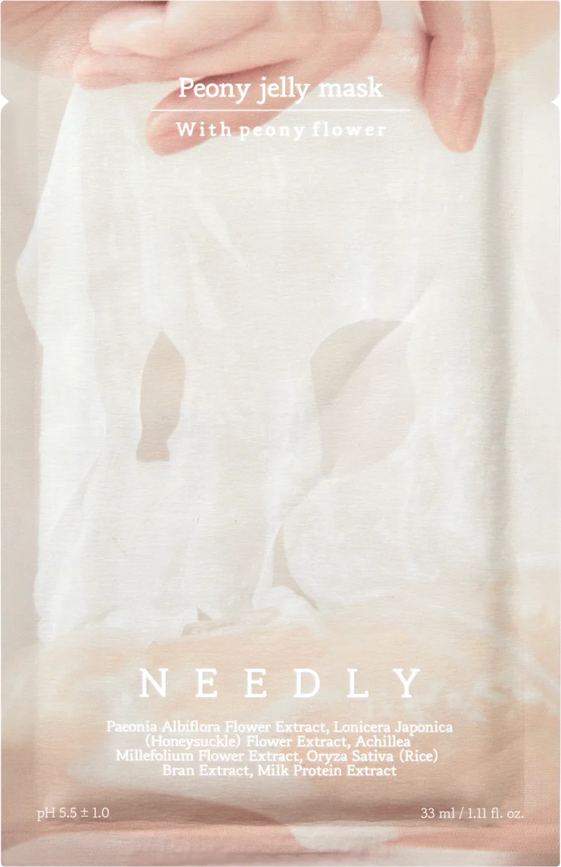 Korejska kozmetika "Needly Peony Jelly Mask" s ekstraktom božura, koja nudi divote cosmetics efekta, prikazana na ambalaži s bijelim tekstom i pozadinom nježne boje.