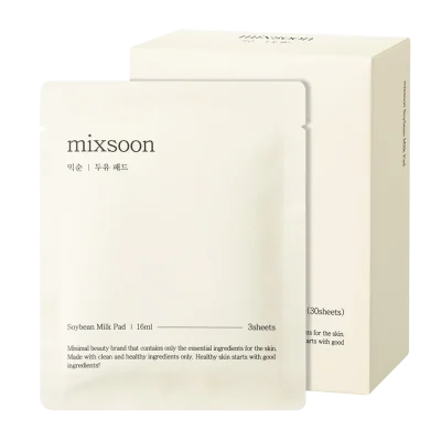 Pakiranje proizvoda Mixsoon, koji predstavlja primjer divote cosmetics i vrhunske korejske kozmetike, sadrži 3 liste jastučića od sojinog mlijeka.