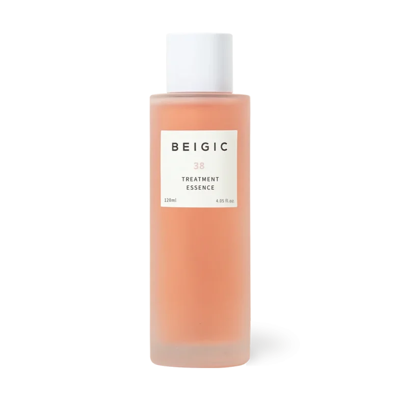 Bočica Beigic 38 Treatment Essence iz Divote Cosmetics kolekcije korejske kozmetike, volumena 120 ml, s mat bijelim čepom i prozirnim staklom koje otkriva narančastu tekućinu.