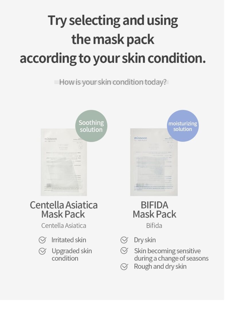 Promotivna slika za dva proizvoda korejske kozmetike marke Divote Cosmetics: Centella Asiatica i Bifida mask pakiranja, namijenjena različitim tipovima i uvjetima kože poput iritirane, suhe ili osjetljive tijekom promjena godišnjih doba.