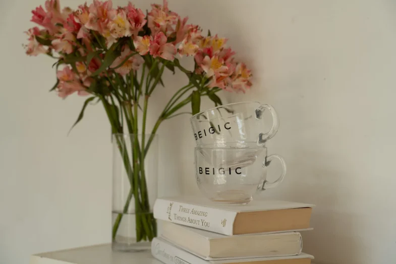 Staklene čaše s logotipom Beigic, poznatim za Divote Cosmetics i korejsku kozmetiku, složene na knjigama pored vaze s ružičastim cvijećem.