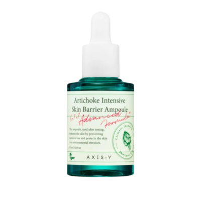 Bočica proizvoda 'Artichoke Intensive Skin Barrier Ampoule' od Divote Cosmetics, primjer korejske kozmetike, s kapaljkom i zelenim etiketom.