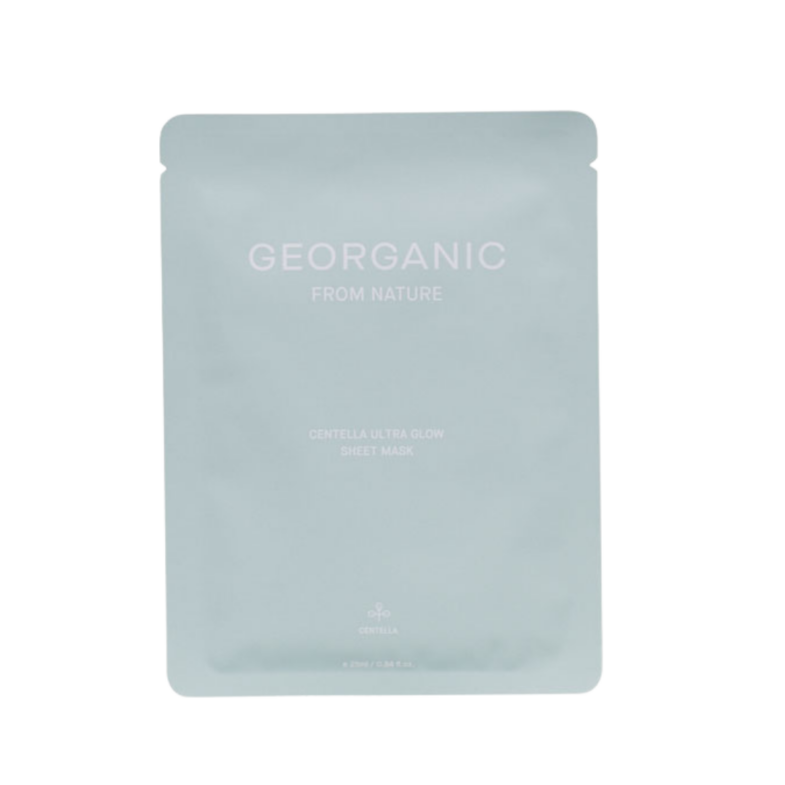 Pakiranje korejske kozmetike "Georganic" koje uključuje Centella Ultra Glow Sheet Mask povezano s divote kozmetikom.