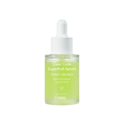 Serum "Clear Code Superfruit" marke Purito, dio asortimana Divote Cosmetics, poznate po korejskoj kozmetici, u prozirnoj bočici s kapaljkom, žućkasto-zelene boje i natpisom o sastojcima kao što su ekstrakt voća noni i sukcininska kiselina.