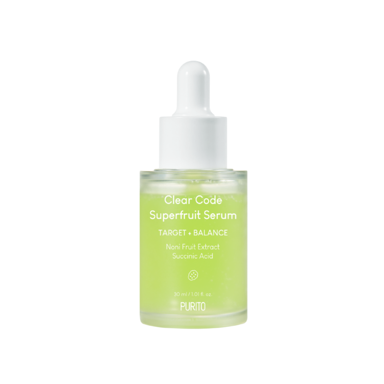 Serum "Clear Code Superfruit" marke Purito, dio asortimana Divote Cosmetics, poznate po korejskoj kozmetici, u prozirnoj bočici s kapaljkom, žućkasto-zelene boje i natpisom o sastojcima kao što su ekstrakt voća noni i sukcininska kiselina.