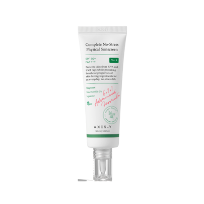 Tuba s korejskim zaštitnim faktorom Axis-Y, poznatim kao "Complete No-Stress Physical Sunscreen", prikazuje "Divote Cosmetics" proizvode s naglaskom na njegu i zaštitu kože uz pomoć inovativnih sastojaka iz korejske kozmetike.