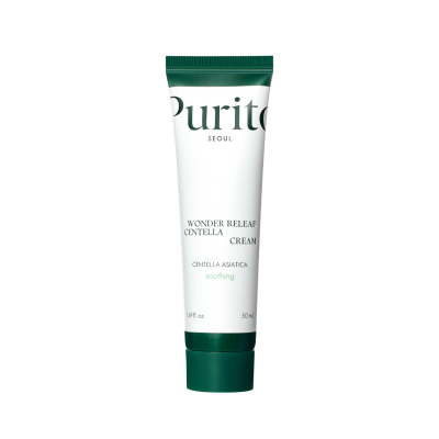 Tuba kreme s natpisom 'Purito Wonder Relief Centella Cream', proizvedena u sklopu divote cosmetics linije korejske kozmetike, koja se fokusira na umirujuću njegu kože s ekstraktom Centella Asiatica.