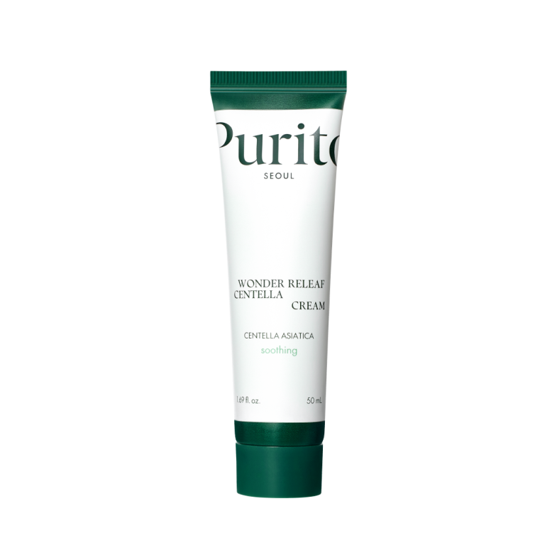Tuba kreme s natpisom 'Purito Wonder Relief Centella Cream', proizvedena u sklopu divote cosmetics linije korejske kozmetike, koja se fokusira na umirujuću njegu kože s ekstraktom Centella Asiatica.