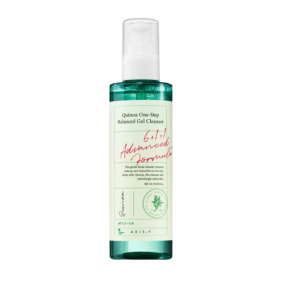 Korejska kozmetika Divote Cosmetics uključuje Quinoa One-Step Balanced Gel Cleanser s naprednom formulom u zelenoj bočici s bijelom etiketom, dizajniran za nježno čišćenje i umirenje kože.