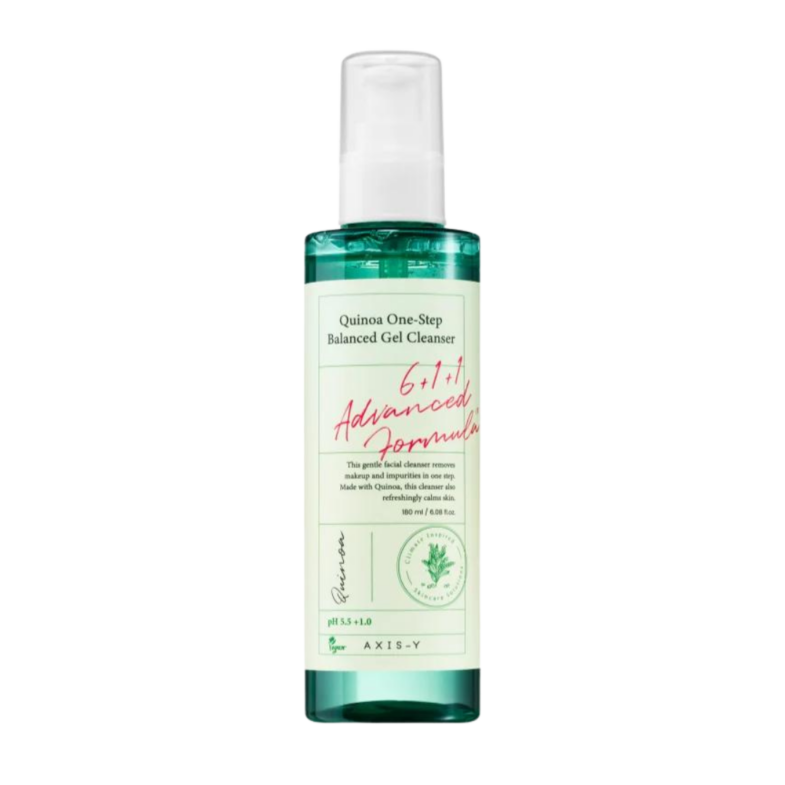 Korejska kozmetika Divote Cosmetics uključuje Quinoa One-Step Balanced Gel Cleanser s naprednom formulom u zelenoj bočici s bijelom etiketom, dizajniran za nježno čišćenje i umirenje kože.