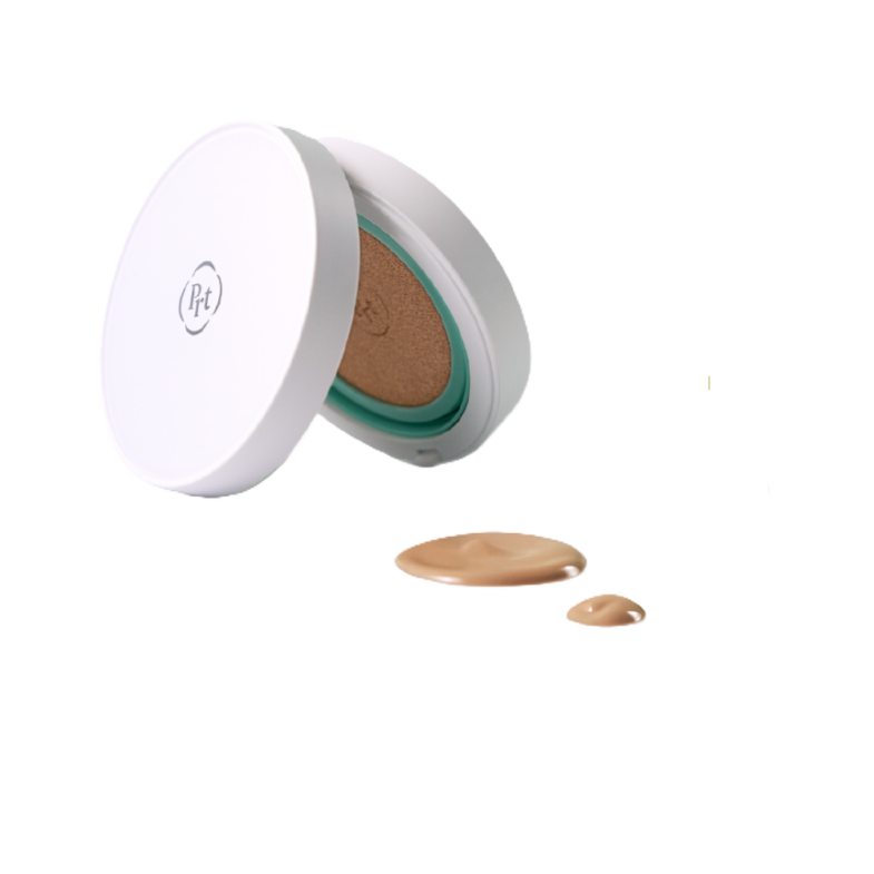 Kompaktni puder marke Divote Cosmetics s aplikatorom, ilustracija korejske kozmetike koja prikazuje tekući puder na bijeloj podlozi.