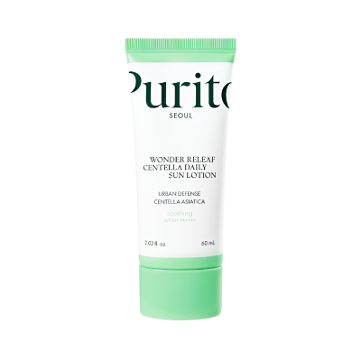 Tuba 'Wonder Releaf Centella Daily Sun Lotion' od Divote Cosmetics koja pripada korejskoj kozmetici, sadrži Centellu Asiatica i SPF 50+ zaštitu, u bijeloj ambalaži s zelenim čepom.