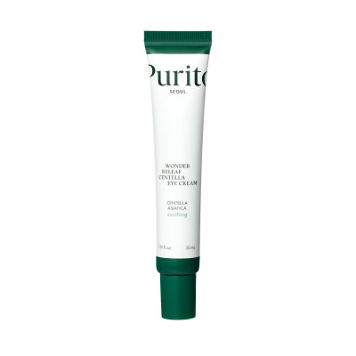 Tuba s kremom za oči marke Purito naziva "Wonder Relief Centella Eye Cream", koja je primjer korejske kozmetike istaknute u prodajama od Divote Cosmetics.