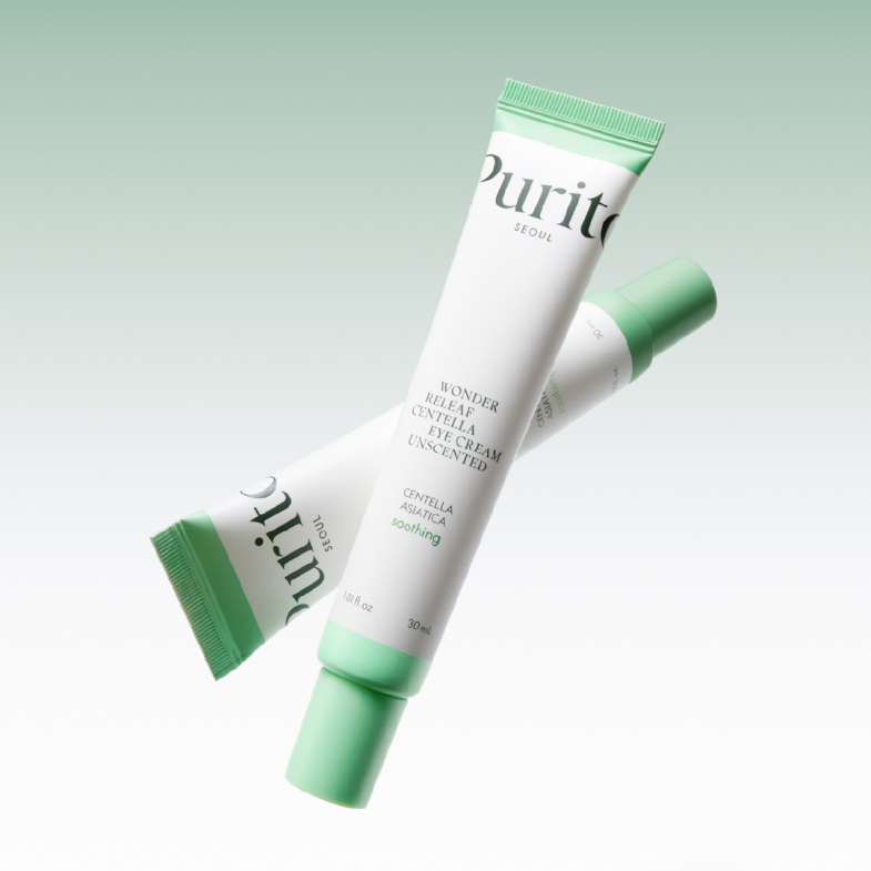 Proizvod 'Purito' iz kategorije divote cosmetics, poznat po korejskoj kozmetici, prikazuje tubu kreme za oči s ekstraktom centelle asiatice bez mirisa, s minimalističkim dizajnom u bijeloj i zelenoj boji na svijetloj pozadini.