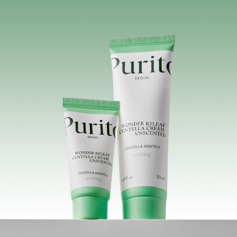 Dvije tube proizvoda Divote Cosmetics s natpisom "Purito" u kontekstu korejske kozmetike na zelenoj pozadini.