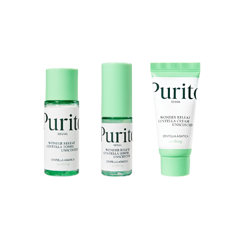 Proizvodi Divote Cosmetics iz linije korejske kozmetike: toner, serum i krema za lice, svi s oznakom 'unscented' te zelenim čepovima i etiketama.