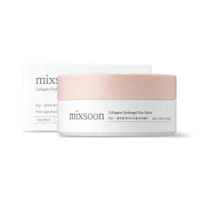 Mixsoon Collagen Hydrogel Eye Patch, proizvod korejske kozmetike iz Divote Cosmetics, s bijelom ambalažom i ružičastim poklopcem.