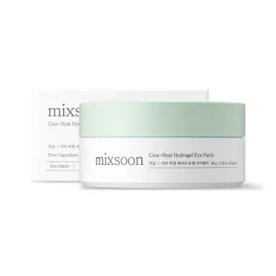 Mixsoon Cica-Hyal Hydrogel Eye Patch, proizvod korejske kozmetike od Divote Cosmetics, s bijelim pakiranjem i zelenim poklopcem.