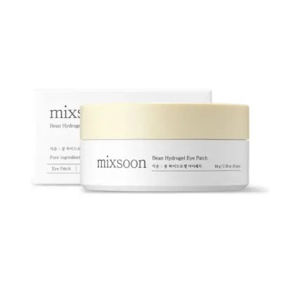 Kutija i posuda korejskog proizvoda za njegu kože Mixsoon Bean Hydrogel Eye Patch, dostupnog kod Divote Cosmetics, s jednostavnim bijelim dizajnom i žutim poklopcem.