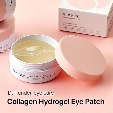 Mixsoon Collagen Hydrogel Eye Patch korejske kozmetike Divote Cosmetics za njegu podočnjaka, prikazana s pakiranjem i posudom na ružičastoj pozadini.