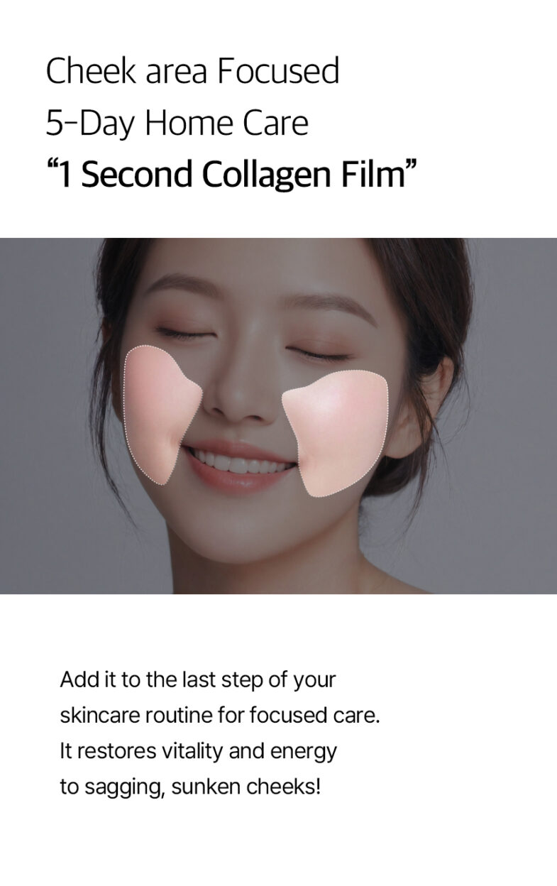 Promocionalni materijal za '1 Second Collagen Film', korejski kozmetički proizvod Divote Cosmetics za njegu obraza, sretna žena s flasterima na obrazima.