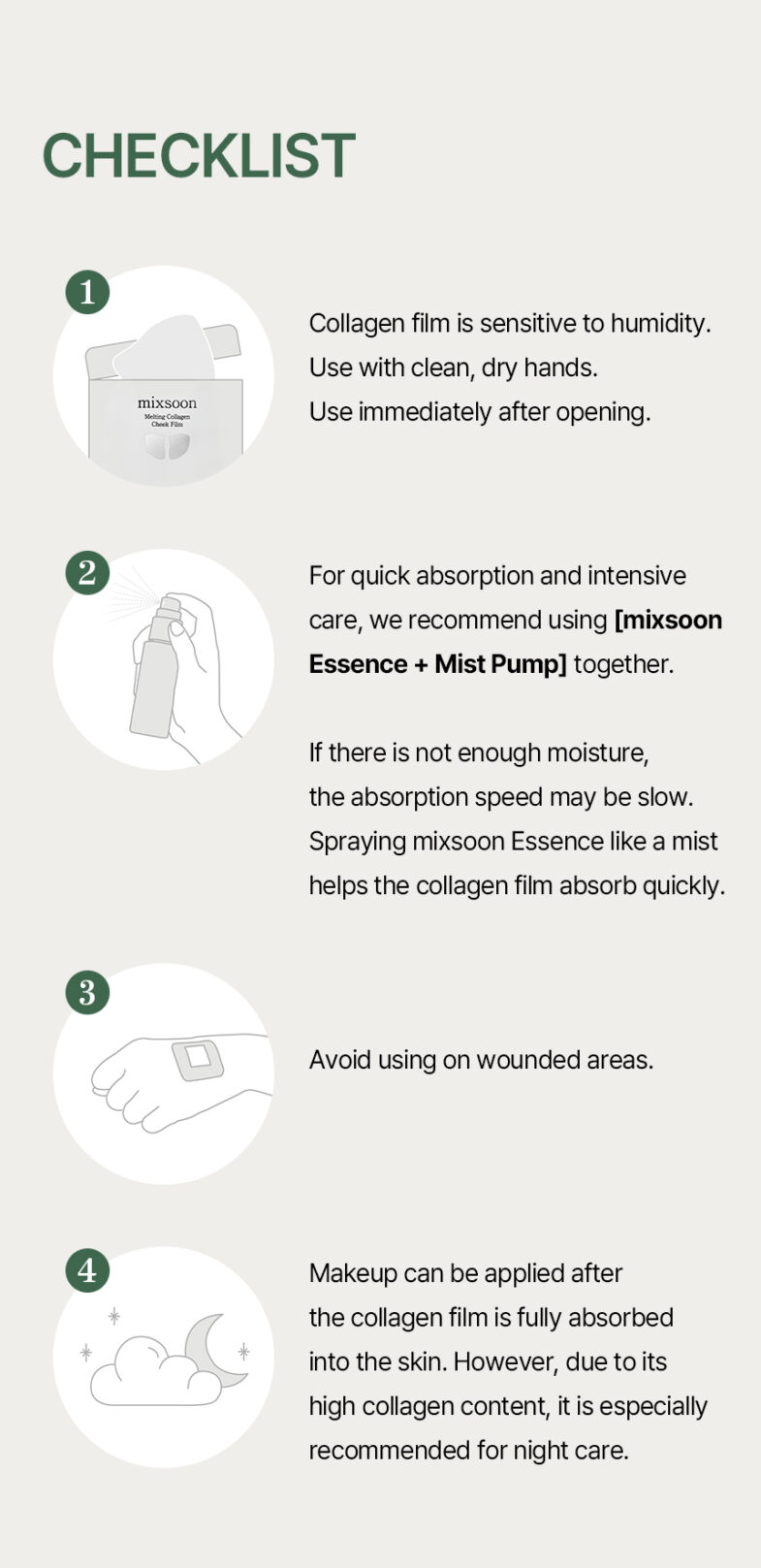 Infographic showcasing the use of Mixsoon Melting Collagen Cheek Film from Divote Cosmetics, featuring steps for application of this Korean cosmetic product, emphasizing sensitive handling and suggesting the use of Mixsoon Essence + Mist Pump for better absorption.