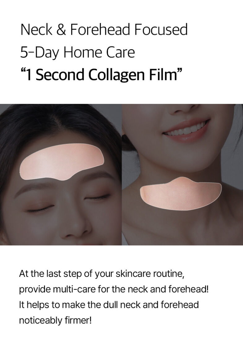 Promocija korejske kozmetike Divote Cosmetics s fokusom na njegu vrata i čela pomoću proizvoda '1 Second Collagen Film', prikazuje dijelove lica s područjima za primjenu.