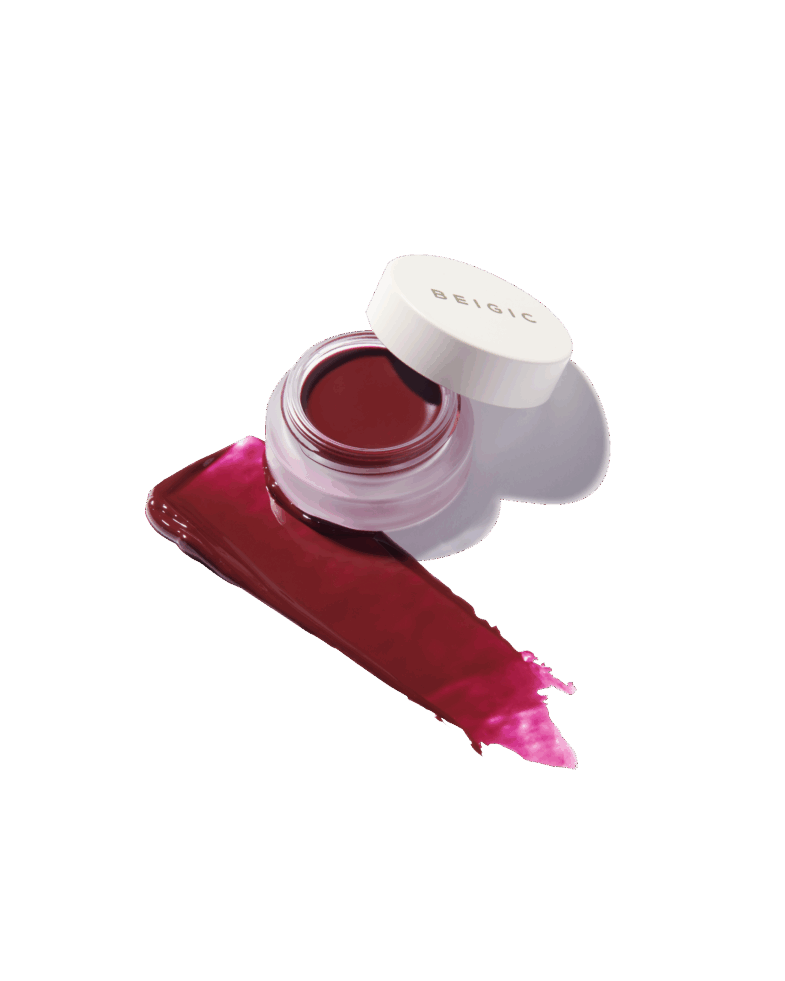 Staklena posudica s crvenim pigmentom za usne, marka BEIGIC, korejska kozmetika Divote Cosmetics.