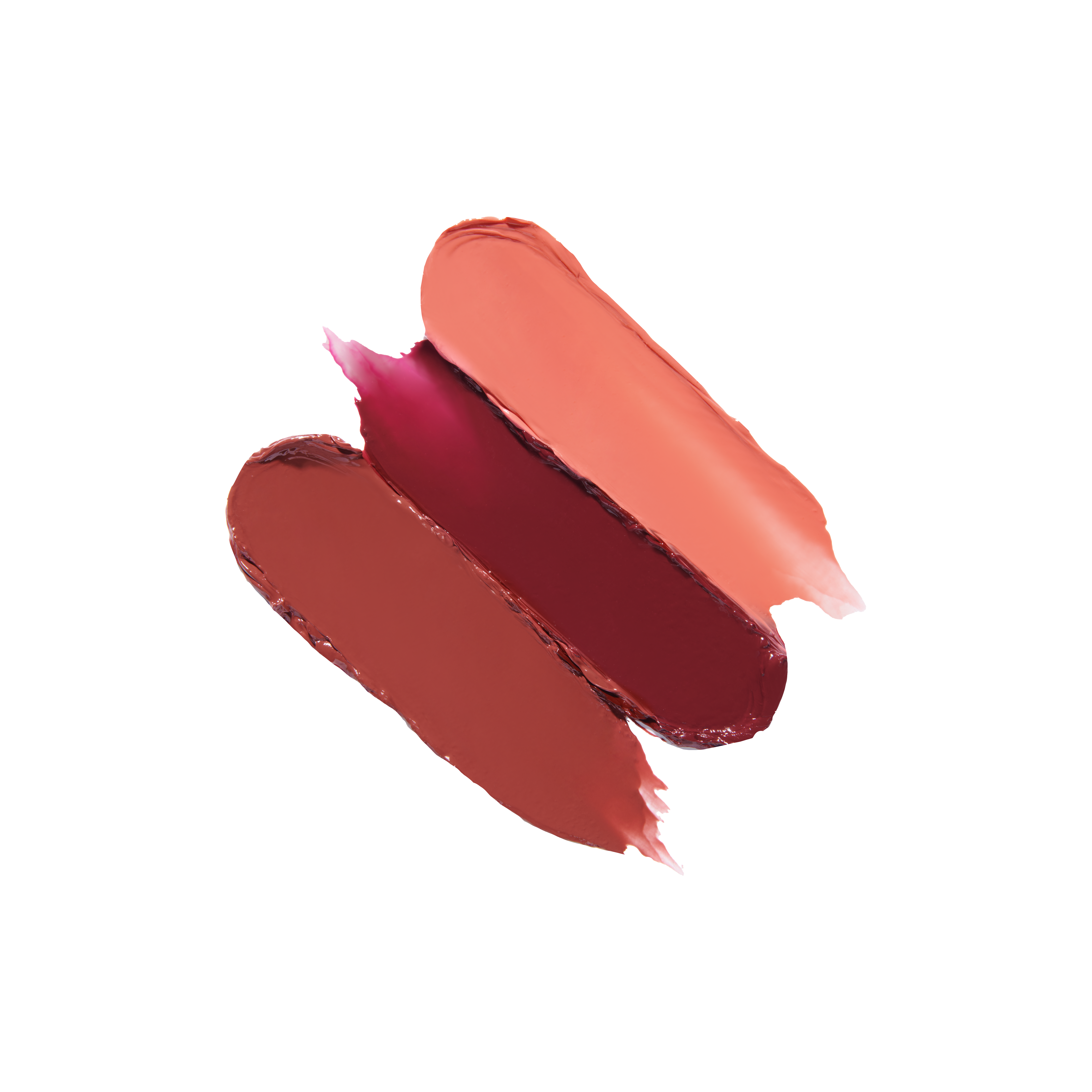 Tri uzorka ruževa u nijansama ružičaste i crvene, predstavljaju proizvode korejske kozmetike brenda Divote Cosmetics.